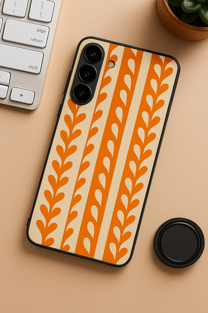 Flowery Line Pattern Premium Glass Back Cover For Galaxy S22, S23, S24, S25 Models