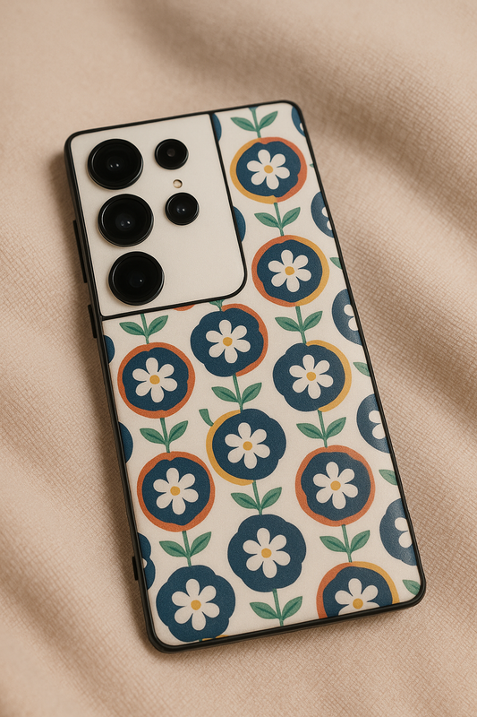 Daisy in circles Premium Glass Back Cover For Galaxy S22, S23, S24, S25 Models