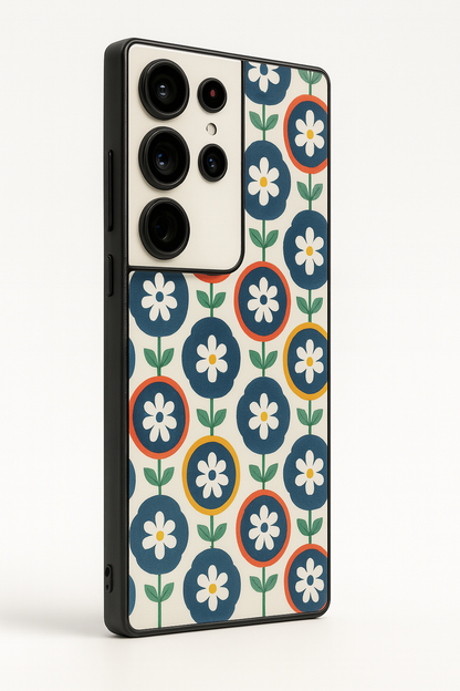 Daisy in circles Premium Glass Back Cover For Galaxy S22, S23, S24, S25 Models