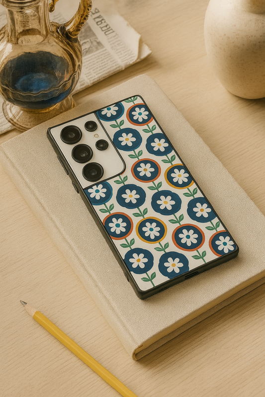 Daisy in circles Premium Glass Back Cover For Galaxy S22, S23, S24, S25 Models