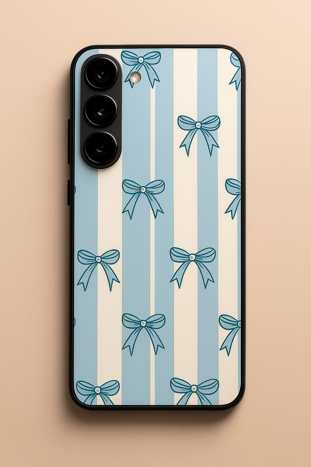 Stripy Blue Bows Premium Glass Back Cover For Galaxy S22, S23, S24, S25 Models