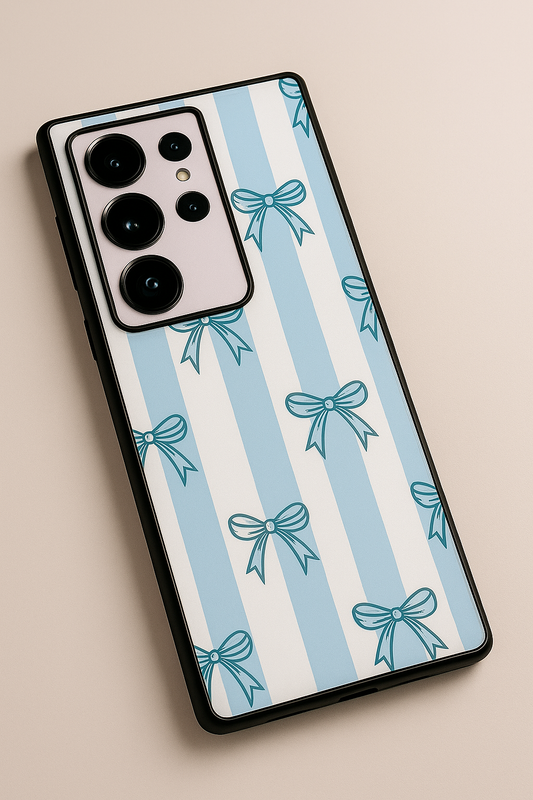 Stripy Blue Bows Premium Glass Back Cover For Galaxy S22, S23, S24, S25 Models