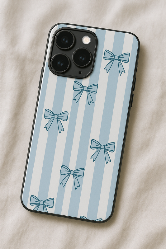 Blue Bows Stripes Sketch Premium Glass Back Cover For iPhone 11,12,13,14,15,16 Models