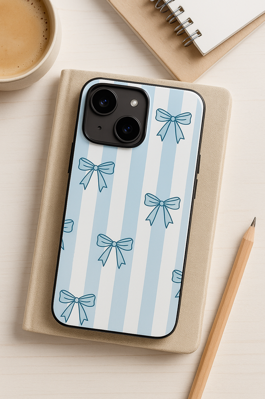 Blue Bows Stripes Sketch Premium Glass Back Cover For iPhone 11,12,13,14,15,16 Models