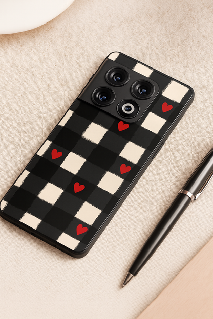 Checkered Hearts Glass Back Cover For One Plus 13, 12, 11, 10, Nord Series