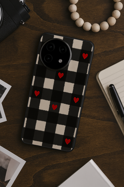 Checkered Hearts Glass Back Cover For One Plus 13, 12, 11, 10, Nord Series