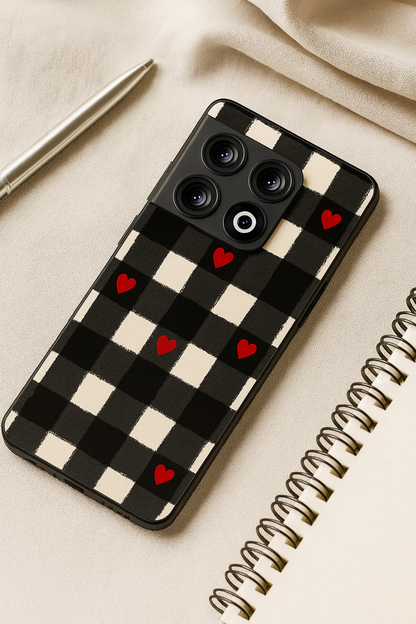 Checkered Hearts Glass Back Cover For One Plus 13, 12, 11, 10, Nord Series