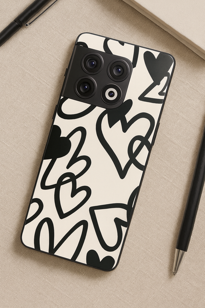 Black Hearts Premium Glass Back Cover For One Plus 13, 12, 11, 10, Nord Series