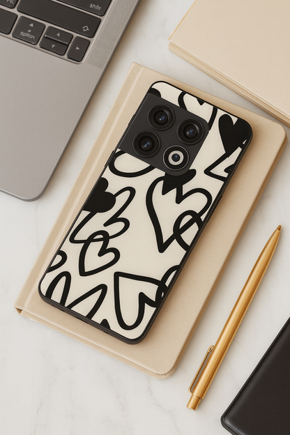 Black Hearts Premium Glass Back Cover For One Plus 13, 12, 11, 10, Nord Series