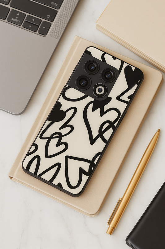 Black Hearts Premium Glass Back Cover For One Plus 13, 12, 11, 10, Nord Series