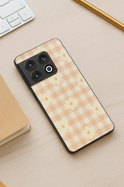 Nude Floral Checks Glass Back Cover For One Plus 13, 12, 11, 10, Nord Series