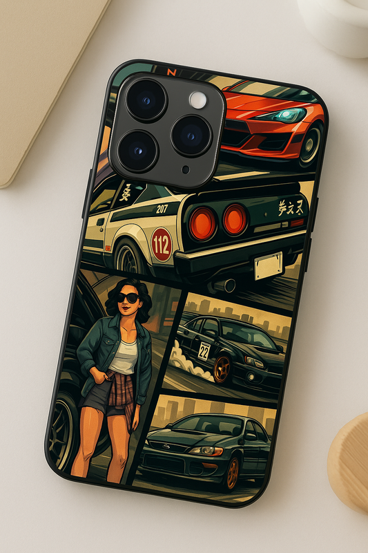 Drag Cars Premium Glass Back Cover For iPhone 11,12,13,14,15,16 Models