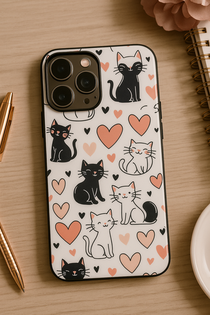 Meowgical Hearts Premium Glass Back Cover For iPhone 11,12,13,14,15,16,17 Models