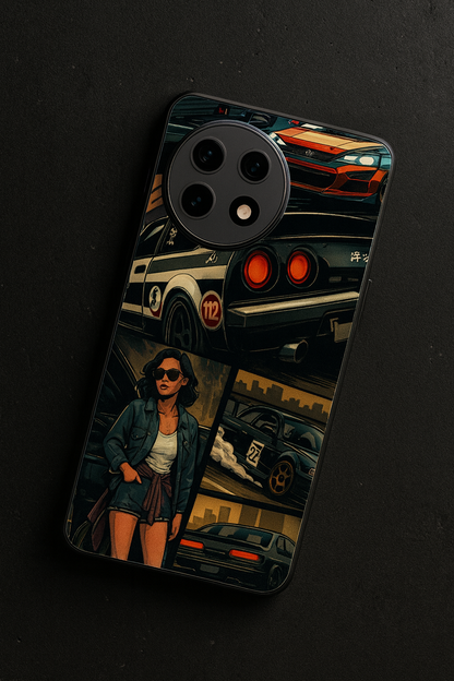 Drag Cars Premium Glass Back Cover For One Plus 13, 12, 11, 10, Nord Series