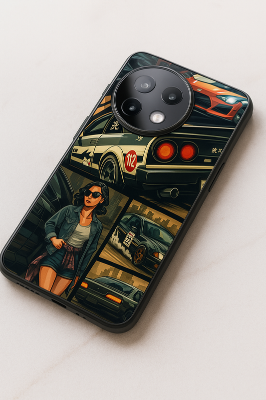 Drag Cars Premium Glass Back Cover For One Plus 13, 12, 11, 10, Nord Series