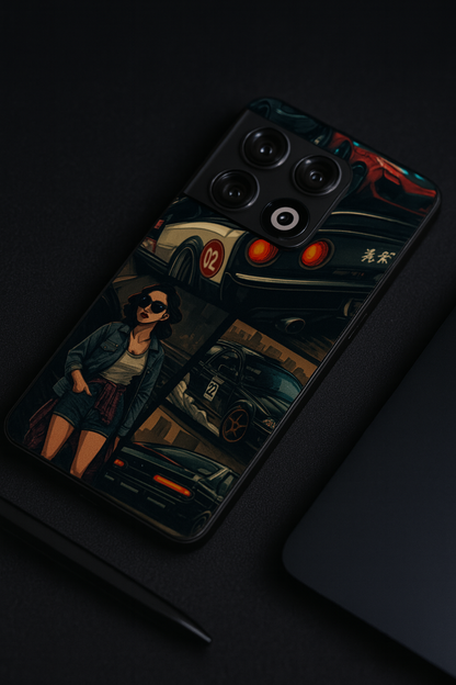 Drag Cars Premium Glass Back Cover For One Plus 13, 12, 11, 10, Nord Series