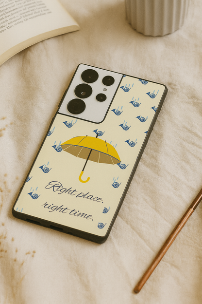 HIMYM Right Place Right Time Premium Glass Back Cover For Galaxy S, A, M & F Series