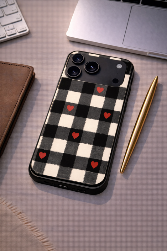 Checkered Hearts Premium Glass Back Cover For iPhone 11,12,13,14,15,16,17 Models