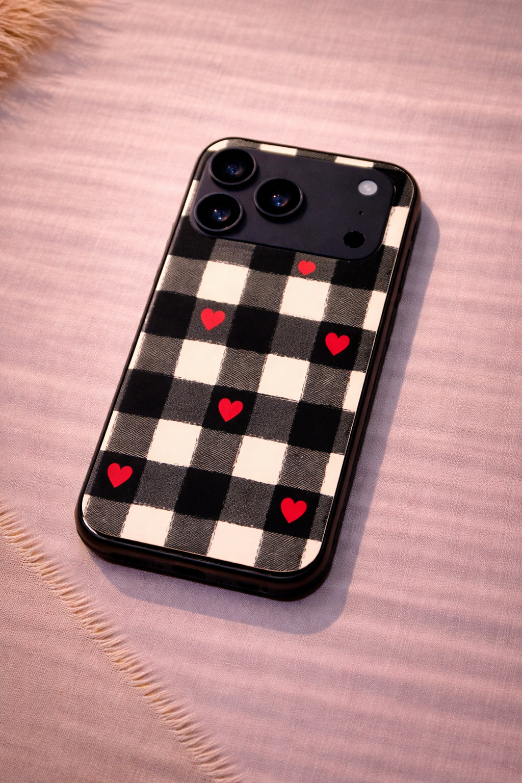 Checkered Hearts Premium Glass Back Cover For iPhone 11,12,13,14,15,16,17 Models