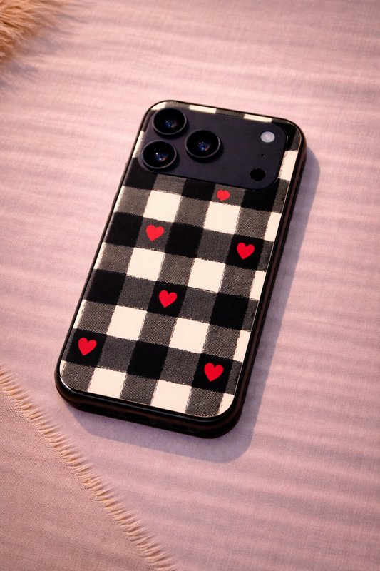 Checkered Hearts Premium Glass Back Cover For iPhone 11,12,13,14,15,16,17 Models