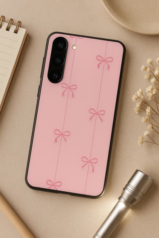 Stripy Pink Bows Premium Glass Back Cover For Galaxy S22, S23, S24, S25 Models