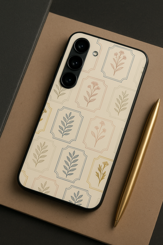 Floral Checks Pattern Premium Glass Back Cover For Galaxy S22, S23, S24, S25 Models