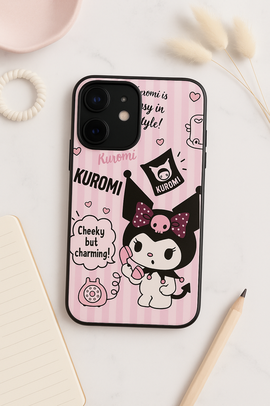 Kuromi Cat Premium Glass Back Cover For iPhone 11,12,13,14,15,16 Models