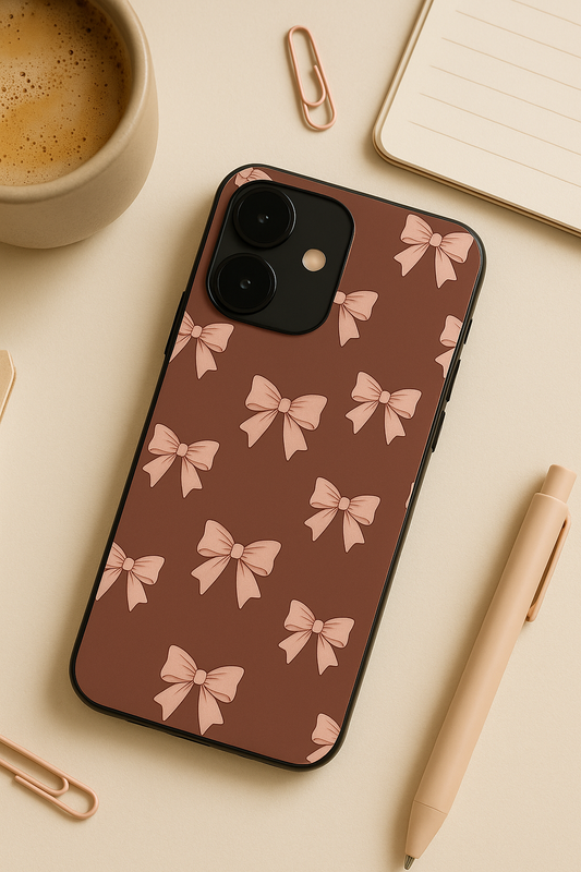 Brown Bows Sketch Premium Glass Back Cover For iPhone 11,12,13,14,15,16 Models