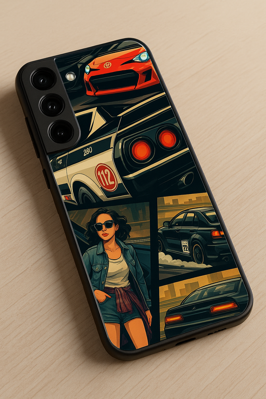 Drag Cars Premium Glass Back Cover For Galaxy S22, S23, S24, S25 Models
