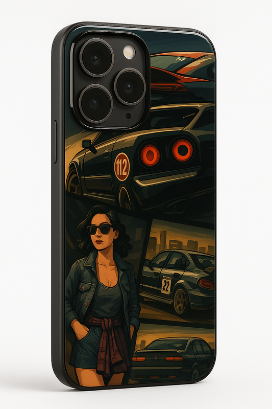 Drag Cars Premium Glass Back Cover For iPhone 11,12,13,14,15,16 Models