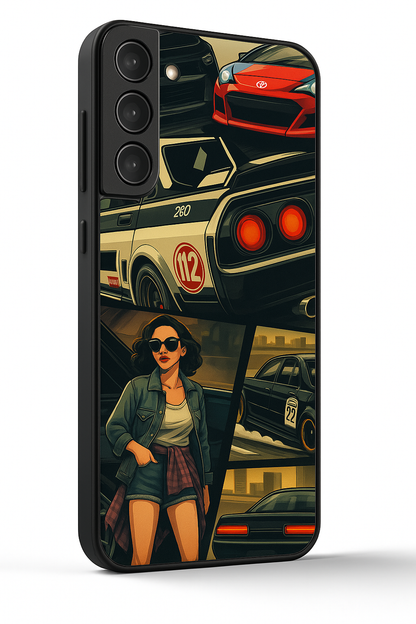 Drag Cars Premium Glass Back Cover For Galaxy S22, S23, S24, S25 Models