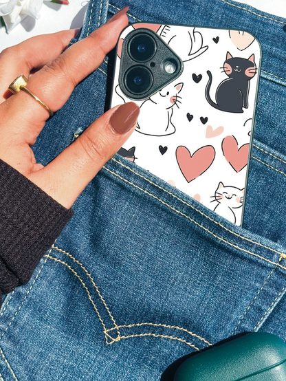 Meowgical Hearts Premium Glass Back Cover For iPhone 11,12,13,14,15,16,17 Models