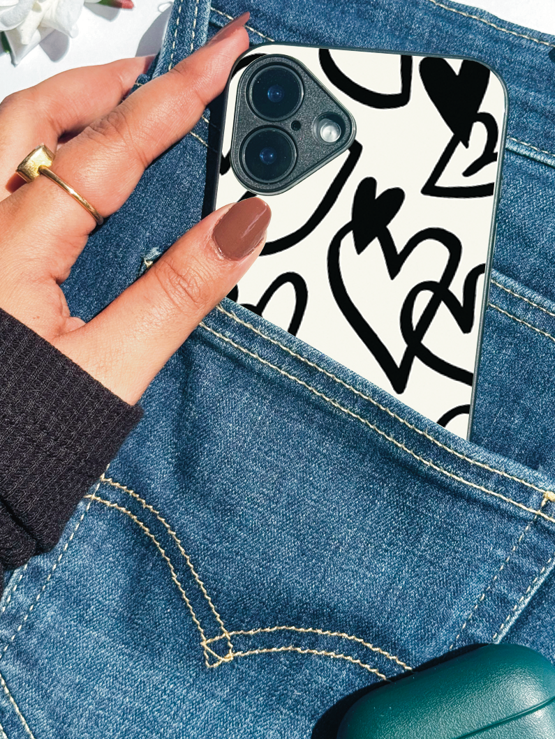 Black Heart remium Glass Back Cover For iPhone 11,12,13,14,15,16 Models