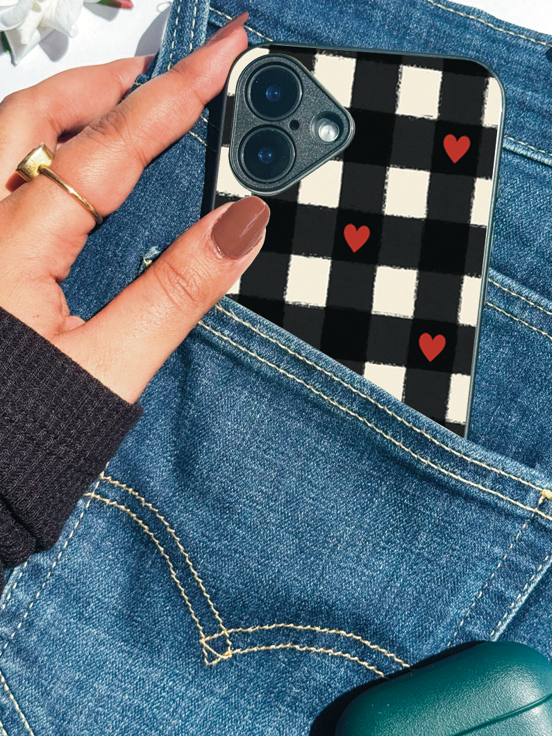 Checkered Hearts Premium Glass Back Cover For iPhone 11,12,13,14,15,16 Models