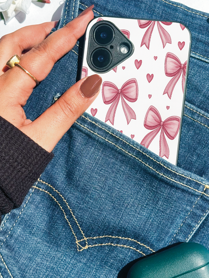 Bow Bliss Premium Glass Back Cover For iPhone 11,12,13,14,15,16 Models
