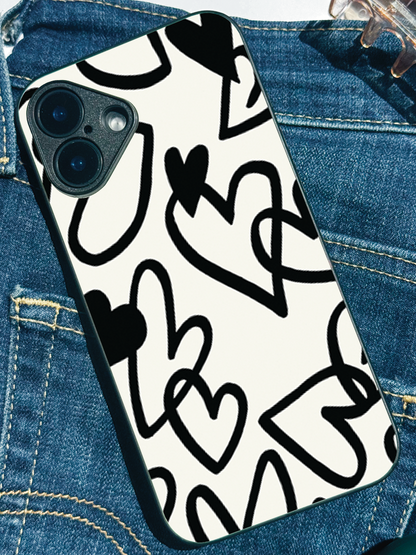 Black Heart remium Glass Back Cover For iPhone 11,12,13,14,15,16 Models