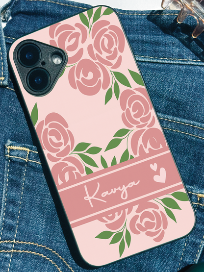 Rosette Bloom Personalised Name Premium Glass Back Cover For iPhone 11,12,13,14,15,16 Models
