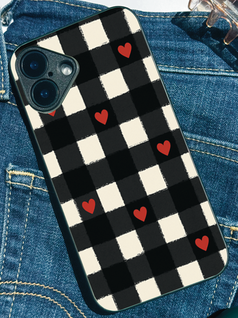 Checkered Hearts Premium Glass Back Cover For iPhone 11,12,13,14,15,16 Models