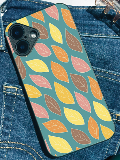 Leaf Pattern Premium Glass Back Cover For iPhone 11,12,13,14,15,16 Models