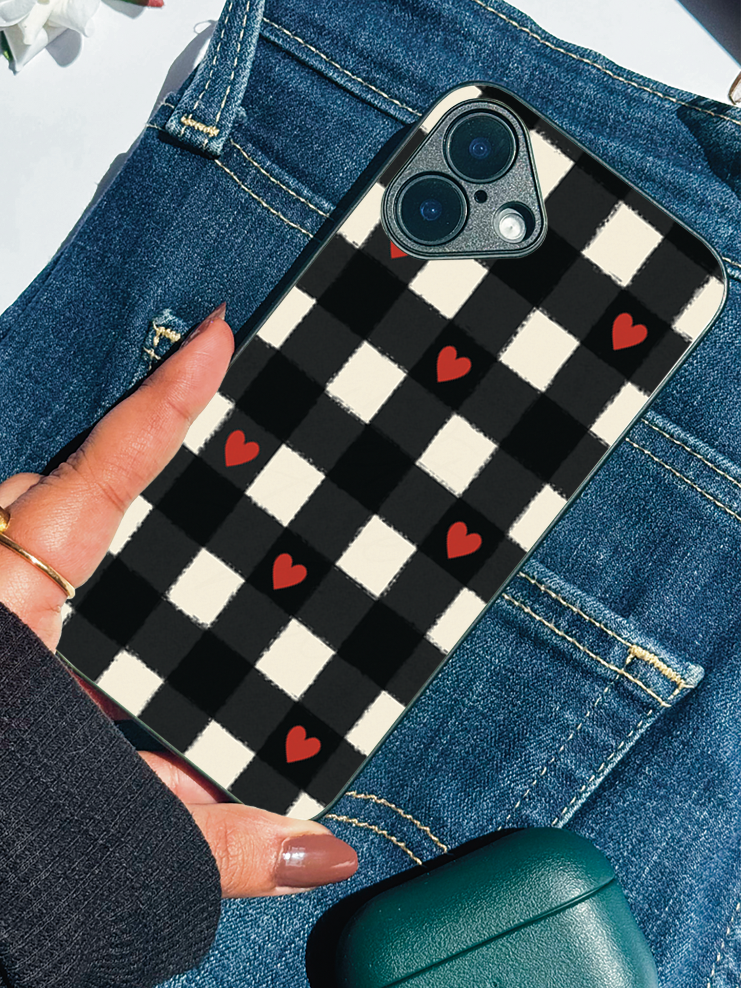 Checkered Hearts Premium Glass Back Cover For iPhone 11,12,13,14,15,16 Models