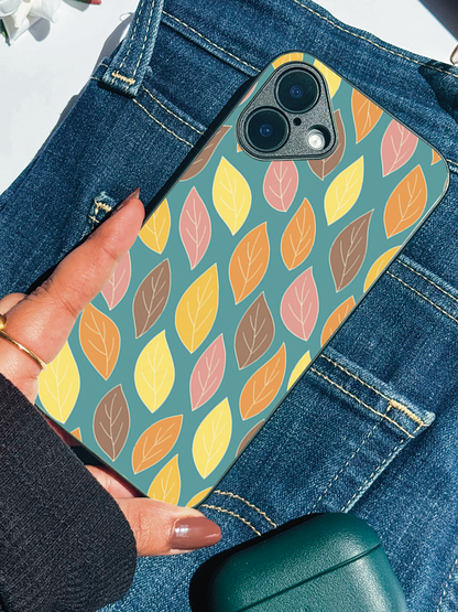 Leaf Pattern Premium Glass Back Cover For iPhone 11,12,13,14,15,16 Models