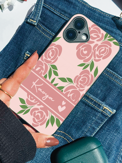Rosette Bloom Personalised Name Premium Glass Back Cover For iPhone 11,12,13,14,15,16 Models