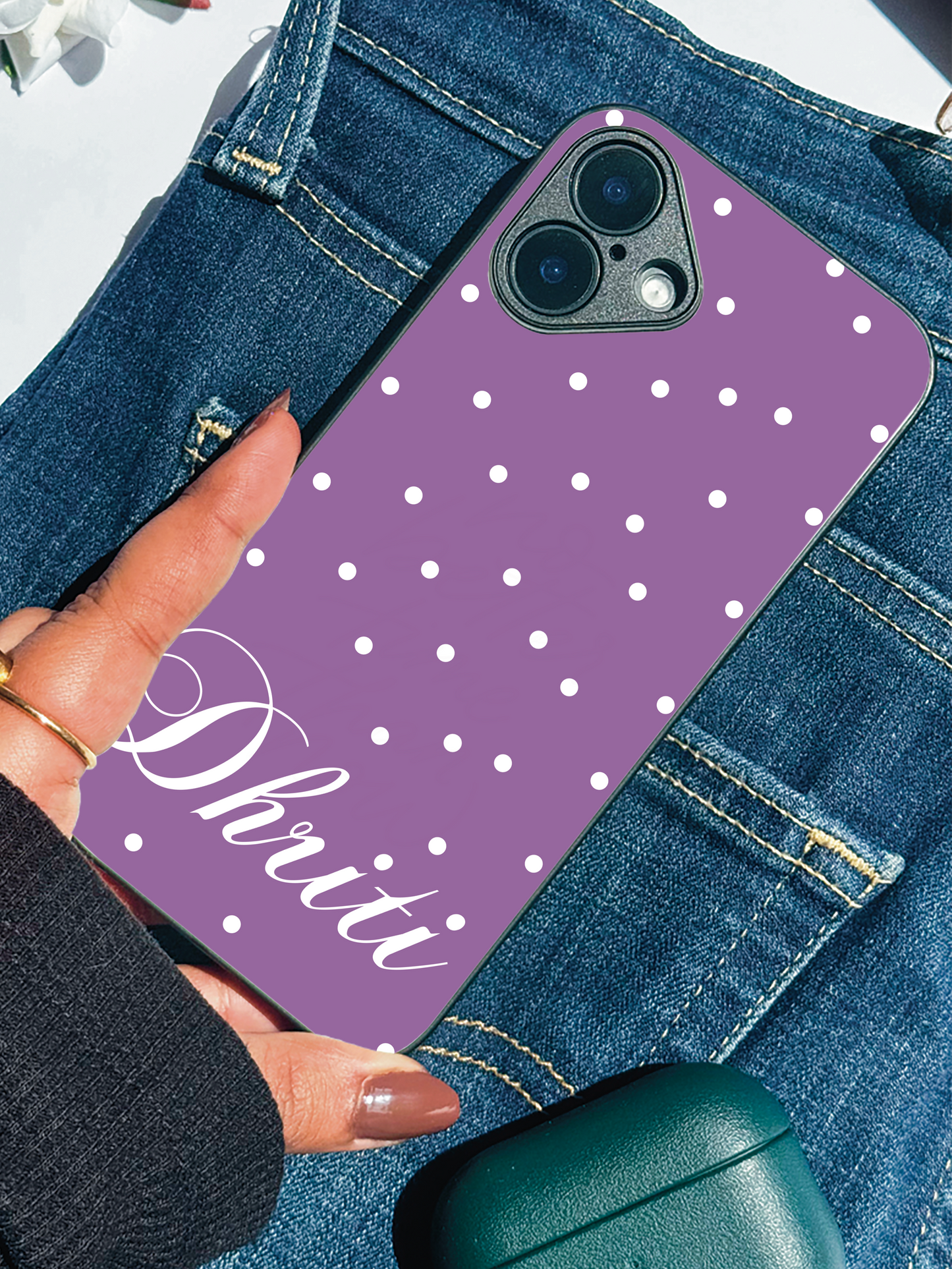Lavender Dots Personalised Name Premium Glass Back Cover For iPhone 11,12,13,14,15,16 Models