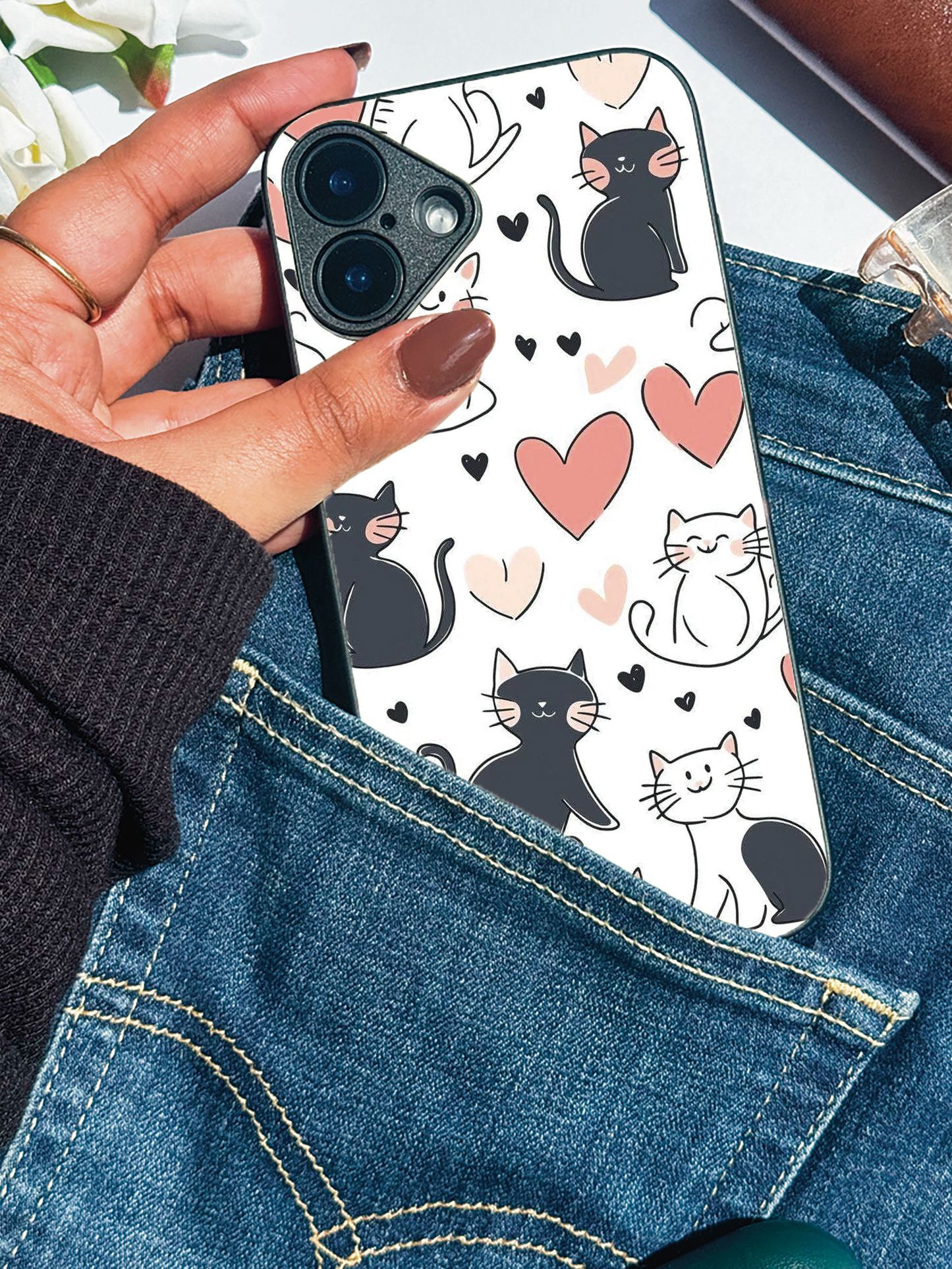 Meowgical Hearts Premium Glass Back Cover For iPhone 11,12,13,14,15,16,17 Models