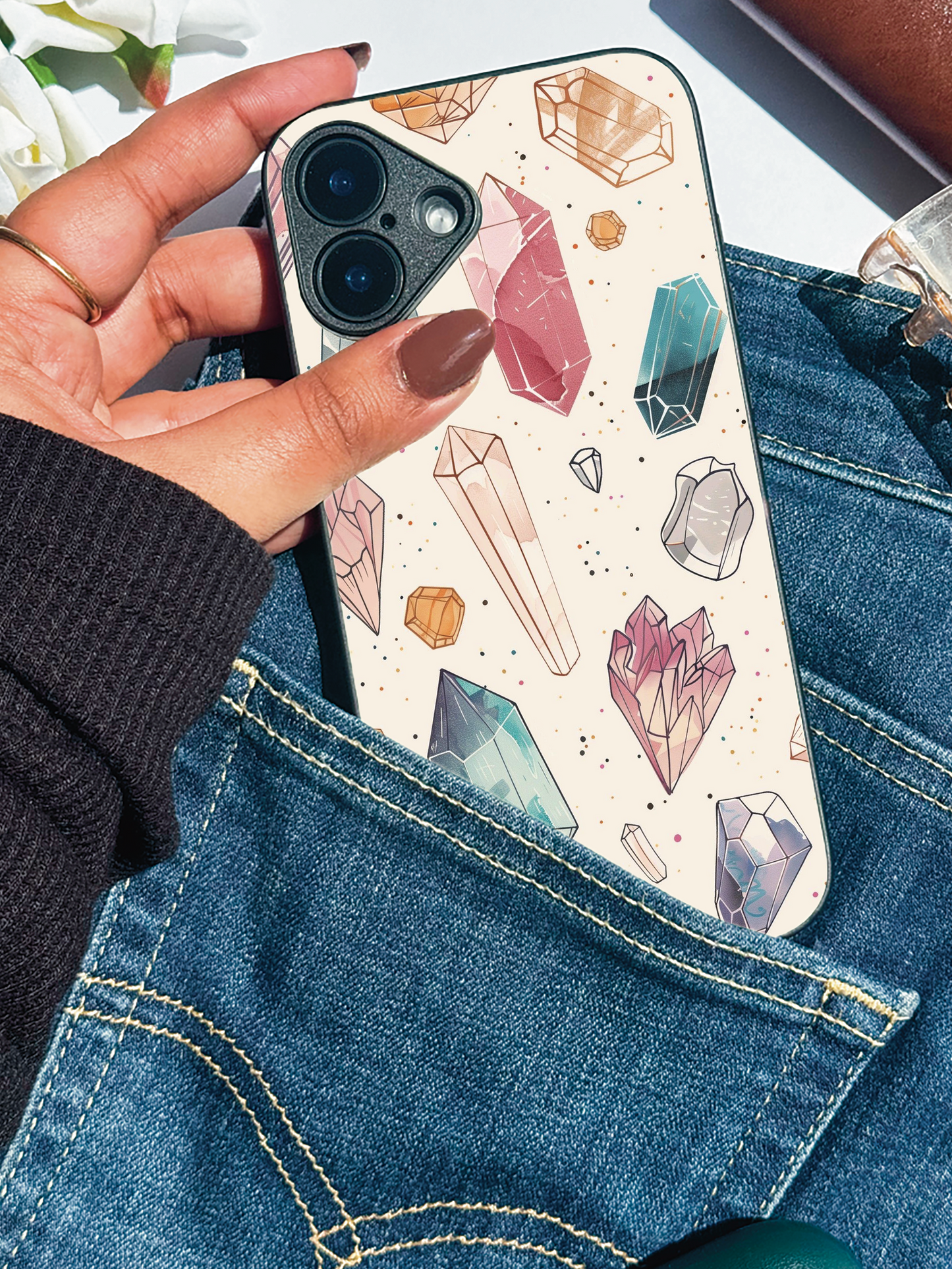 Crystal Bloom Premium Glass Back Cover For iPhone 11,12,13,14,15,16,17 Models