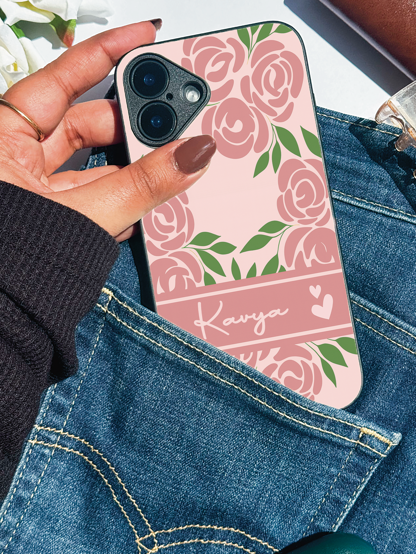 Rosette Bloom Personalised Name Premium Glass Back Cover For iPhone 11,12,13,14,15,16 Models