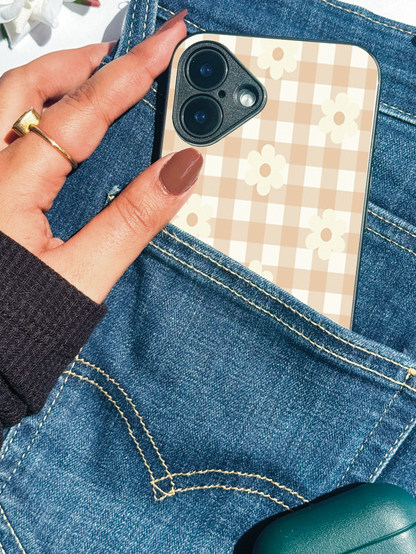Nude Floral Checks Premium Glass Back Cover For iPhone 11,12,13,14,15,16 Models