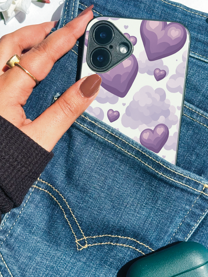 Purple Hearts Premium Glass Back Cover For iPhone 11,12,13,14,15,16 Models