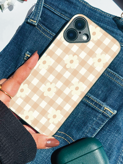 Nude Floral Checks Premium Glass Back Cover For iPhone 11,12,13,14,15,16 Models