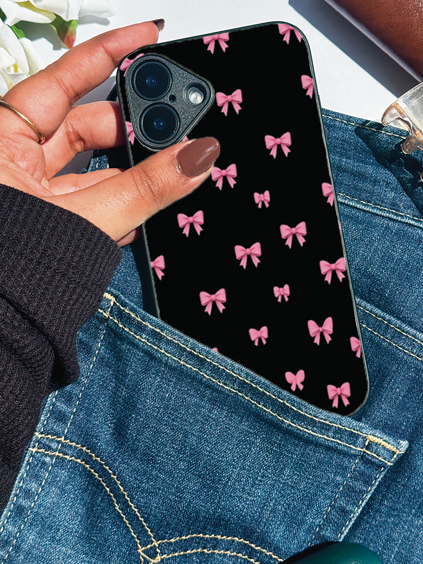 Dark Aesthetic Bows Bow Premium Glass Back Cover For iPhone 11,12,13,14,15,16 Models